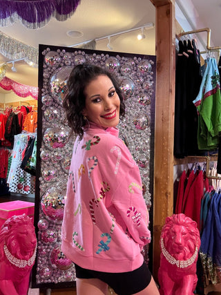 QOS Pink Multi Candy Cane QOS Card Logo Mock Neck Sweatshirt - Boutique Bella BellaQueen of Sparkles