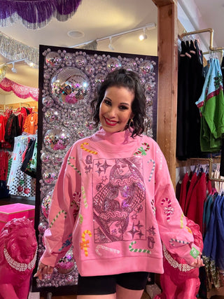 QOS Pink Multi Candy Cane QOS Card Logo Mock Neck Sweatshirt - Boutique Bella BellaQueen of Sparkles