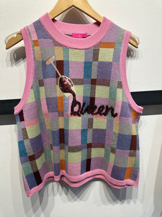 QOS Pink Multi Plaid Red Wine Pouring 'Queen' Knit Vest - Boutique Bella BellaQueen of Sparkles