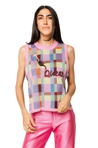 QOS Pink Multi Plaid Red Wine Pouring 'Queen' Knit Vest - Boutique Bella BellaQueen of Sparkles