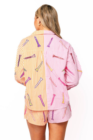 QOS Pink & Orange Striped Colorblock Golf Clubs Button Up Top - Boutique Bella BellaQueen of Sparkles