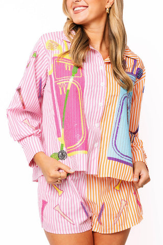 QOS Pink & Orange Striped Colorblock Golf Clubs Button Up Top - Boutique Bella BellaQueen of Sparkles
