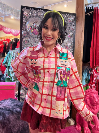 QOS Pink & Red Plaid Metallic Nutcracker Cotton Button Up Top - Boutique Bella BellaQueen of Sparkles