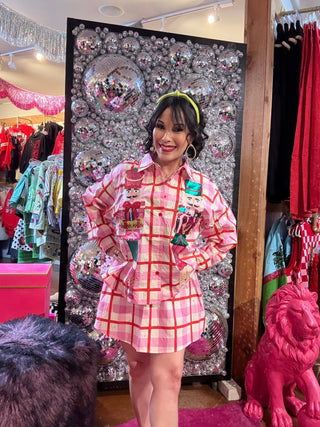 QOS Pink & Red Plaid Metallic Nutcracker Cotton Button Up Top - Boutique Bella BellaQueen of Sparkles