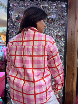 QOS Pink & Red Plaid Metallic Nutcracker Cotton Button Up Top - Boutique Bella BellaQueen of Sparkles
