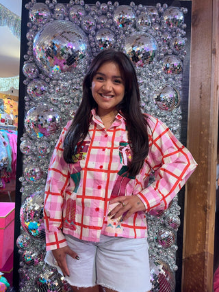 QOS Pink & Red Plaid Metallic Nutcracker Cotton Button Up Top - Boutique Bella BellaQueen of Sparkles