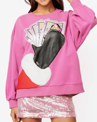 QOS Pink Santa Hand Holding QOS Logo Card Rhinestone Sweatshirt - Boutique Bella BellaQueen of Sparkles