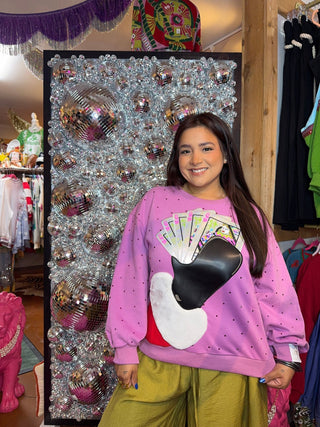 QOS Pink Santa Hand Holding QOS Logo Card Rhinestone Sweatshirt - Boutique Bella BellaQueen of Sparkles