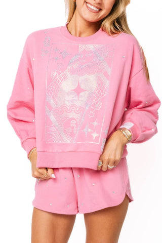 QOS Pink Scattered Rhinestone QOS Card Sweatshirt - Boutique Bella BellaSweatshirt