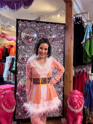 QOS Pink Sequin Feather Trim Santa Knit Dress - Boutique Bella BellaQueen of Sparkles