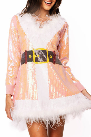QOS Pink Sequin Feather Trim Santa Knit Dress - Boutique Bella BellaQueen of Sparkles