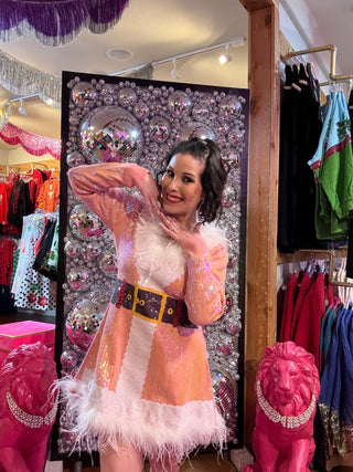 QOS Pink Sequin Feather Trim Santa Knit Dress - Boutique Bella BellaQueen of Sparkles
