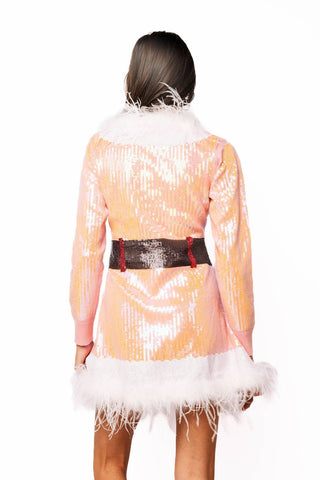 QOS Pink Sequin Feather Trim Santa Knit Dress - Boutique Bella BellaQueen of Sparkles