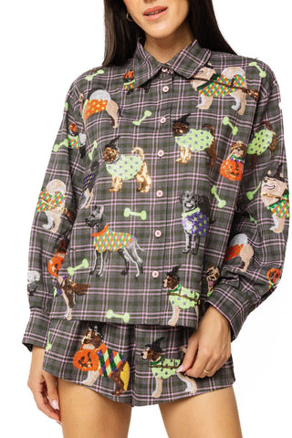 QOS Plaid Halloween Dogs Button Up Plaid Shirt - Boutique Bella BellaQueen of Sparkles