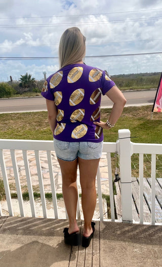 QOS - Purple & Gold Rhinestone Lace Football Tee - Boutique Bella BellaQueen of Sparkles