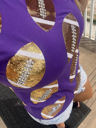 QOS - Purple & Gold Rhinestone Lace Football Tee - Boutique Bella BellaQueen of Sparkles