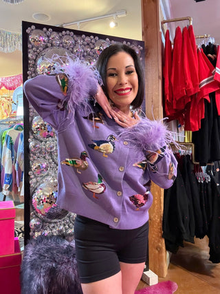 QOS Purple Multi Ducks Feather Sleeve Button Up Cardigan - Boutique Bella BellaQueen of Sparkles