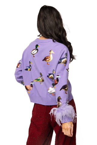 QOS Purple Multi Ducks Feather Sleeve Button Up Cardigan - Boutique Bella BellaQueen of Sparkles