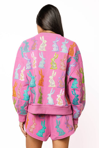 QOS Purple Multi Easter Bunny Sweatshirt - Boutique Bella BellaQueen of Sparkles
