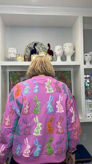 QOS Purple Multi Easter Bunny Sweatshirt - Boutique Bella BellaQueen of Sparkles