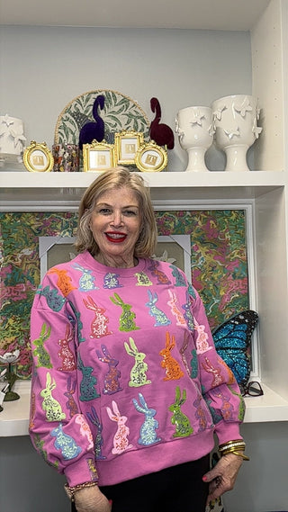 QOS Purple Multi Easter Bunny Sweatshirt - Boutique Bella BellaQueen of Sparkles