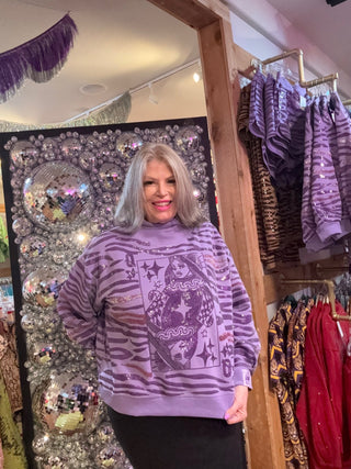 QOS Purple Sequin Tiger Print QOS Card Mock Neck Sweatshirt - Boutique Bella BellaQueen of Sparkles