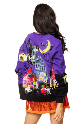 QOS Purple Trick Or Treat Halloween Scene Sweatshirt - Boutique Bella BellaQueen of Sparkles