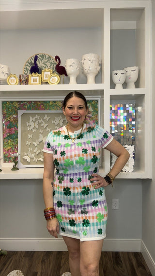 QOS Rainbow Checkered Scattered Shamrock Button Up Knit Short Sleeve Dress - Boutique Bella BellaQueen of Sparkles