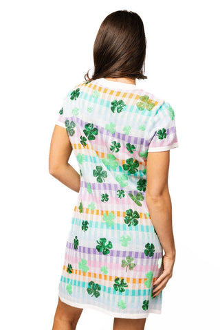QOS Rainbow Checkered Scattered Shamrock Button Up Knit Short Sleeve Dress - Boutique Bella BellaQueen of Sparkles