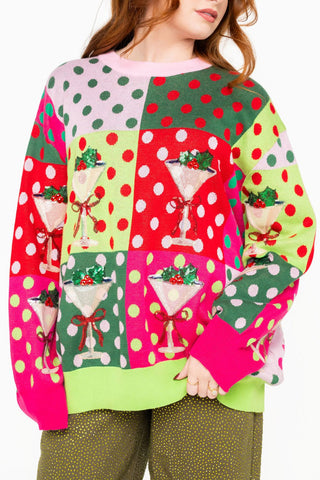 QOS Rainbow Colorblock Polka Dot Christmas Martini Sweater - Boutique Bella BellaQueen of Sparkles