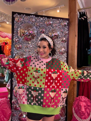 QOS Rainbow Colorblock Polka Dot Christmas Martini Sweater - Boutique Bella BellaQueen of Sparkles