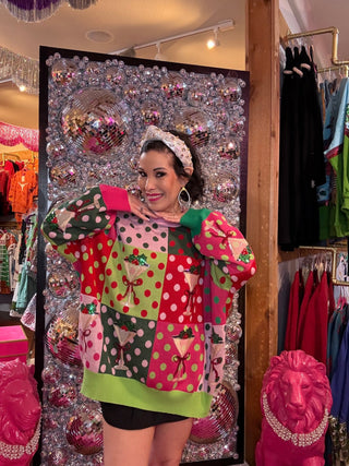QOS Rainbow Colorblock Polka Dot Christmas Martini Sweater - Boutique Bella BellaQueen of Sparkles