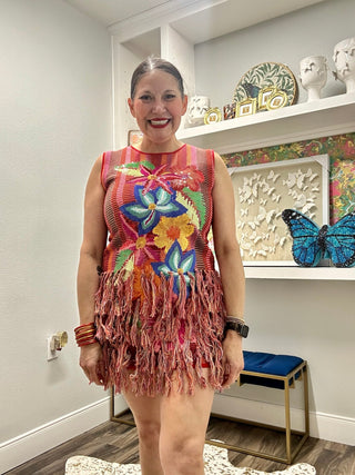 QOS Rainbow Floral Knit Fringe Tank Dress - Boutique Bella BellaQueen of Sparkles