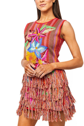 QOS Rainbow Floral Knit Fringe Tank Dress - Boutique Bella BellaQueen of Sparkles