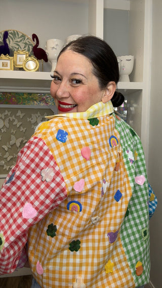 QOS Rainbow Gingham Colorblock Lucky Charms Button Up Cotton Top - Boutique Bella Bella