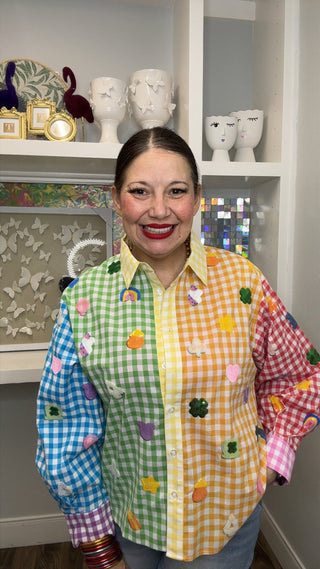 QOS Rainbow Gingham Colorblock Lucky Charms Button Up Cotton Top - Boutique Bella Bella