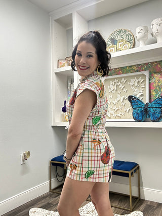 QOS Rainbow Plaid Cinco de Mayo Icon Zip Up Cotton Romper - Boutique Bella BellaQueen of Sparkles