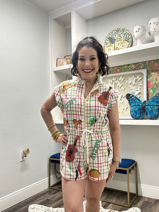 QOS Rainbow Plaid Cinco de Mayo Icon Zip Up Cotton Romper - Boutique Bella BellaQueen of Sparkles