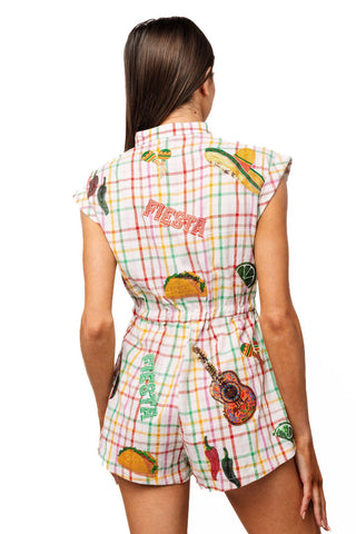QOS Rainbow Plaid Cinco de Mayo Icon Zip Up Cotton Romper - Boutique Bella BellaQueen of Sparkles
