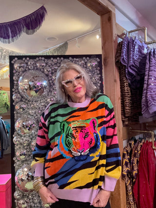 QOS Rainbow Sequin Tiger Head Sweater - Boutique Bella BellaQueen of Sparkles