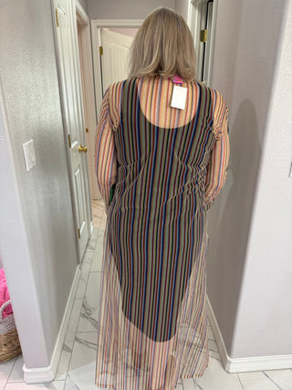 QOS Rainbow Stripe Long Sleeve Palm Tree Sheer Coverup - Boutique Bella BellaCoverup