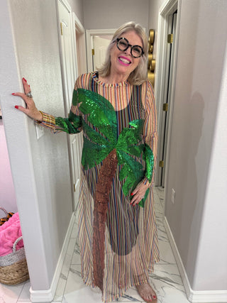 QOS Rainbow Stripe Long Sleeve Palm Tree Sheer Coverup - Boutique Bella BellaCoverup