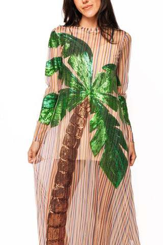 QOS Rainbow Stripe Long Sleeve Palm Tree Sheer Coverup - Boutique Bella BellaCoverup