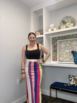QOS Rainbow Striped Knit Midi Skirt - Boutique Bella BellaQueen of Sparkles