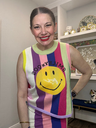 QOS Rainbow Striped QOS Smiley Sweater Tank - Boutique Bella BellaQueen of Sparkles