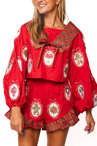 QOS Red Christmas Icon Wallpaper Plaid Collar Cotton Top - Boutique Bella BellaQueen of Sparkles