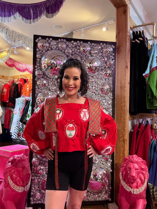 QOS Red Christmas Icon Wallpaper Plaid Collar Cotton Top - Boutique Bella BellaQueen of Sparkles