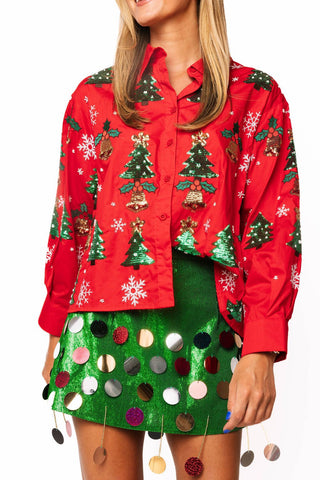 QOS Red Christmas Tree, Holly & Snowflake Button Up Top - Boutique Bella BellaTops