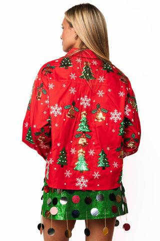 QOS Red Christmas Tree, Holly & Snowflake Button Up Top - Boutique Bella BellaTops