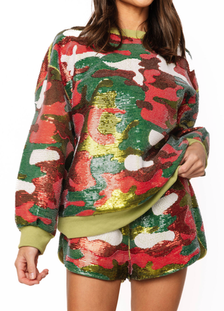 QOS Red & Green Full Sequin Camo Sweatshirt - Boutique Bella BellaQueen of Sparkles